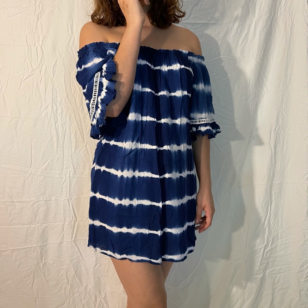 Blue Tie dye Off the Shoulder Summer Mini Dress